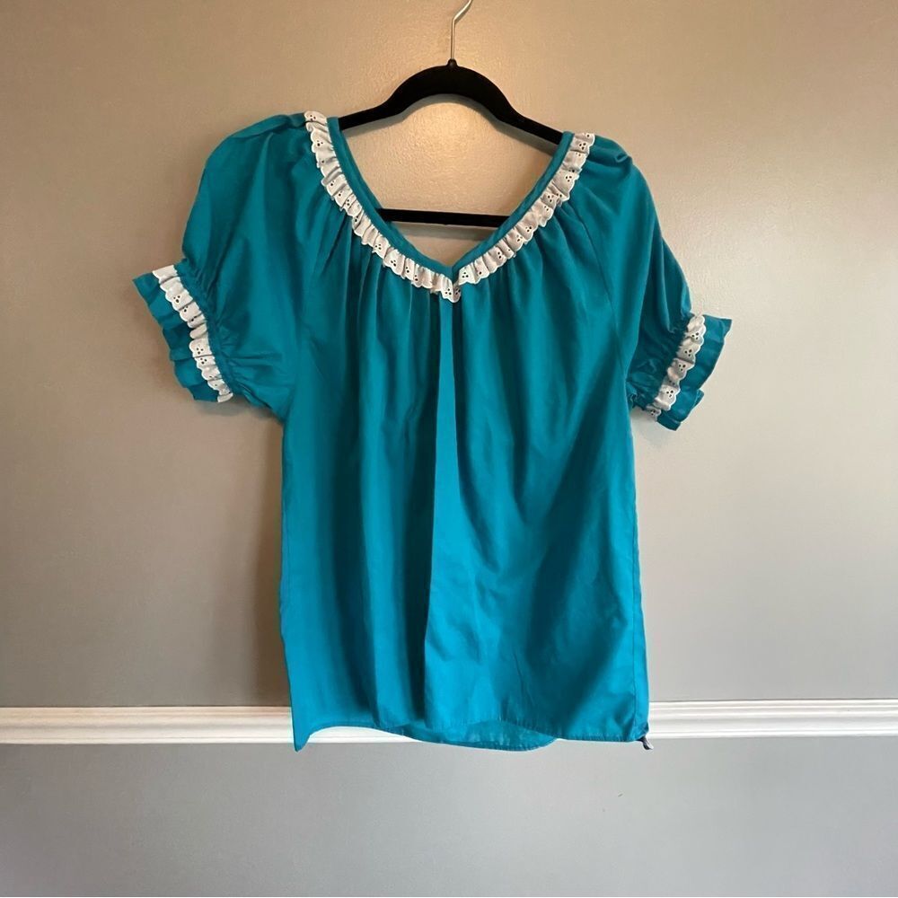 Teal Square dancing peasant western dance shirt top blouse size Large L women’s